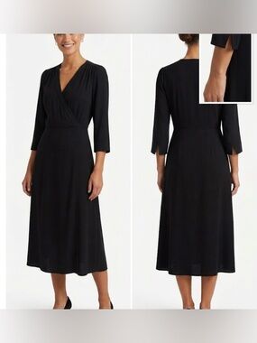Sezane 100% Silk Anny Wrap Dress in Black - 3/4 Sleeve Midi Size 40 (8US)
